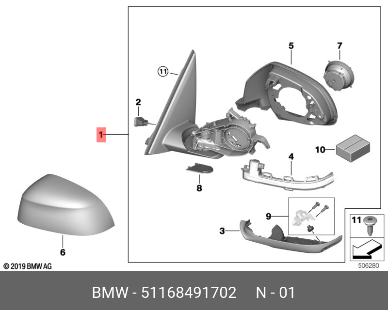 51168491702 BMW Наружн.зеркало с обогр.с шиной памяти П