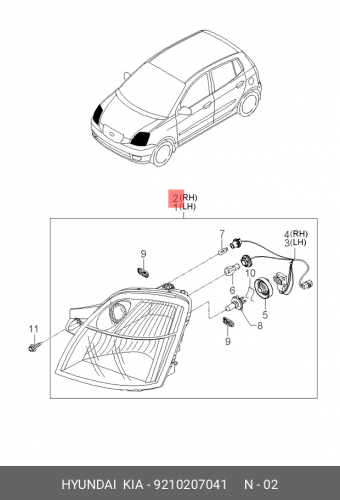 92102-07041 HYUNDAI KIA Фонарь в сборе-фара, прав.