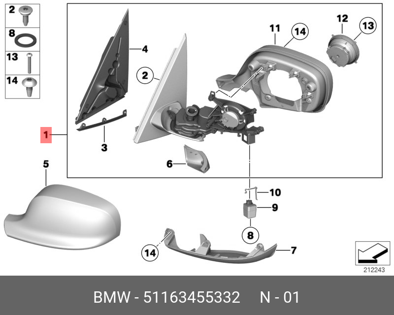 51163455332 BMW Наружное зеркало с обогревом П