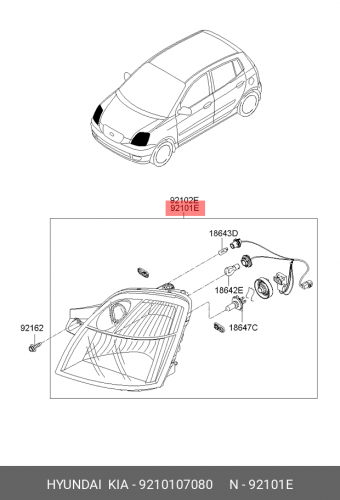 92101-07080 HYUNDAI KIA Фонарь в сборе-фара, лев.