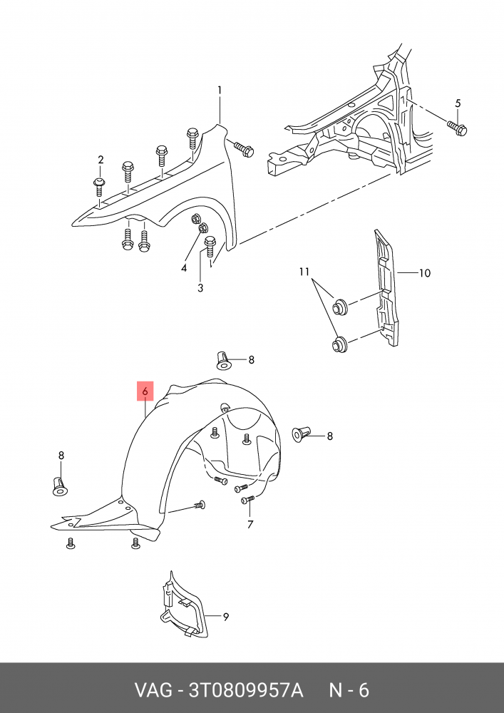 3T0809957A VAG Пластмассовый подкрылок